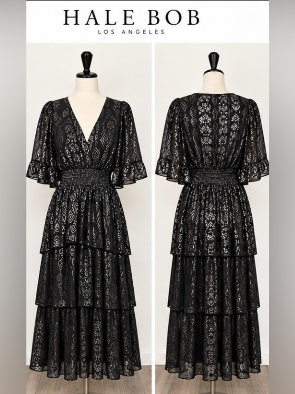 Hale Bob NWT Black Metallic Geometric Tiered Dress S Smocked Waist